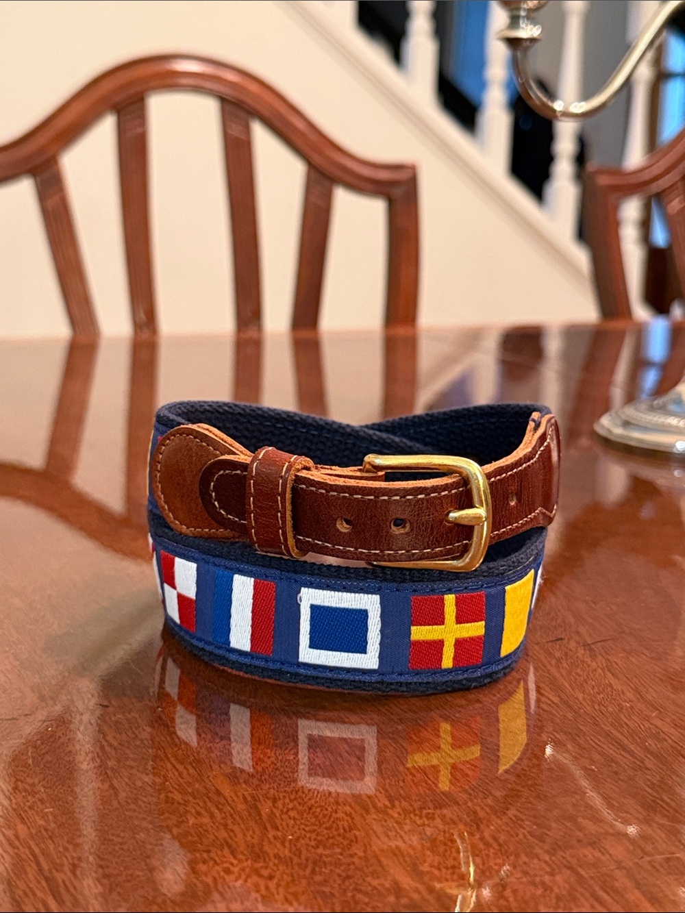 Preppy PRESTON Boys’ Nautical Flag Pattern Navy Webbing & Brown Leather Belt 26